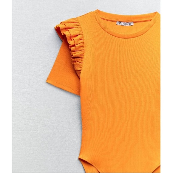 Zara orange ruffle shoulder rib bodysuit, M - Picture 2 of 2